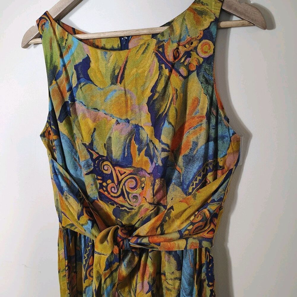 Vintage 90s Abstract Print Midi Dress Size M Sleeveless Tie Waist Retro Artsy - Picture 4 of 8